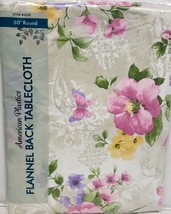 Flannel Back Vinyl Tablecloth 60&quot; Round, Colorful Flowers &amp; Butterflies #8, Ap - £11.66 GBP