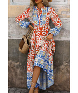 Orange Boho Geometric Printed Long Sleeve Maxi Dress - $730.59 MXN