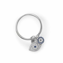 925 Sterling Silver Evil Eye Charm Unique Ring with Blue &amp; White Created Diamond - £82.86 GBP