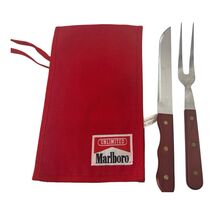 Vintage Marlboro Unlimited BBQ 2pc Utensil Set With Pouch Red Bag Wood H... - $20.00