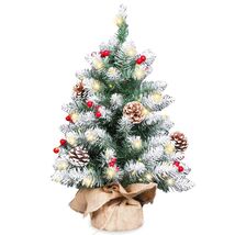 Mini Christmas Tree 2FT with Lights White Flocking Snow Berries Wood Base - $333.83 MXN