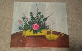 VTG Original Painting 28x24 Still Life Floral Arrangement Candlestick On Table - £43.95 GBP