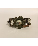 Flower Leaf Bracelet Brass Rhinestone Clear Green Pearl Floral Hinged Ba... - $45.00