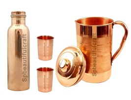 Copper Water Jug Pitcher 1500ML Copper Smooth Water Bottle 2 Glass Tumbler 300ML - £38.60 GBP