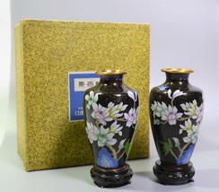 Chinese Cloisonne Vase Pair Black Enamel Brass w Flowers 7&quot; PRC w/ Box Vtg - £92.46 GBP