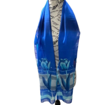 Vintage Blue Silk Feel Scarf Holland 62” X 15” Tulips Floral Flowers Wra... - $37.39