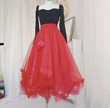 A-line Red Tulle Skirt Outfit Women High Low Long Tulle Skirt for Wedding