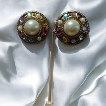 Vintage KMQ Collection Multi Colored Stone Clip Earrings Costume Jewelry - $128.92 MXN