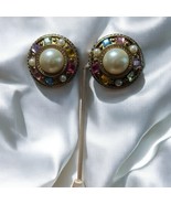Vintage KMQ Collection Multi Colored Stone Clip Earrings Costume Jewelry - €6,04 EUR