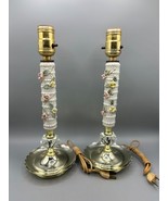 Vtg Table Lamp Set Floral Porcelain Leaded Crystal Table Electric - $34.84