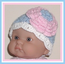 Baby Girls Hat Pink Blue White With Large Flower - £10.61 GBP