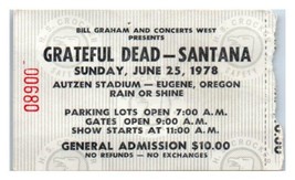 Grateful Dead Santana Concert Ticket Stub June 25 1978 Eugene Oregon - £136.88 GBP
