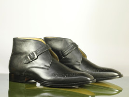 Handmade Men&#39;s Black Leather Chukka Boots, Men Ankle Monk Strap Designer Boots - £126.23 GBP+