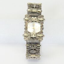 Geneva Elite Wristwatch Silver Tone Rectangular Silver Face Beige Cuff Band - $11.75