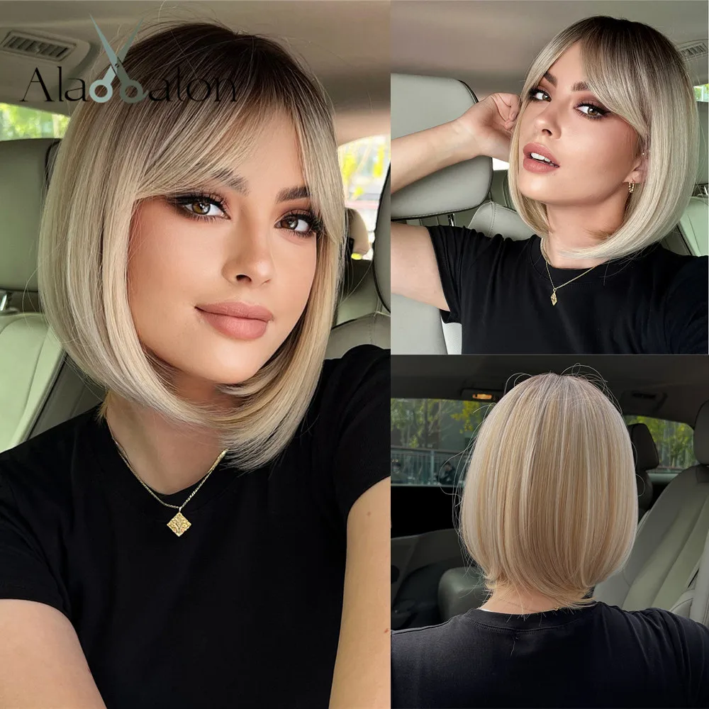 ALAN EATON Short Ombre Blonde Wigs Straight Bob Blonde Wigs With Bangs Women - £20.79 GBP+
