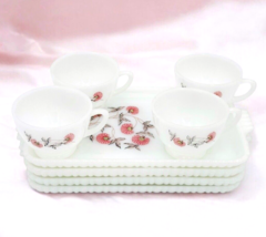 Anchor Glass &quot;Fleurette&quot; Milk Glass Snack Set Lot of 4 Sets Plates Cups Vtg EUC - £19.88 GBP