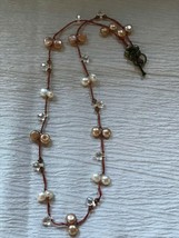 Estate Orange Cord with Faux White Pearl Beads &amp; Small Clear Faceted Bri... - £8.30 GBP