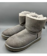 UGG Boot 6 Womens Mini Bailey Bow Gray Sparkle Shearling Bow  Winter Suede - $22.54