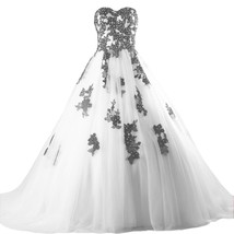 Kivary Beaded Black Lace Long A Line Tulle Gothic Prom Wedding Dresses Ivory US  - £136.00 GBP