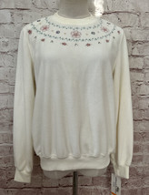 Alfred Dunner Petite PS Ivory Fleece Plush Embroidered Beaded Pullover T... - $32.00