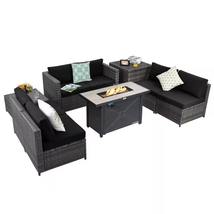 9-Pieces Patio Rattan Furniture Set Fire Pit Table Storage Grey with Cov... - $1,696.39