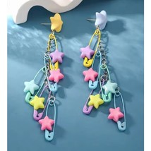 Kawaii Pastel Star Safety Pin Dangle Earrings – Y2K Aesthetic Drop Jewelry - $15.00