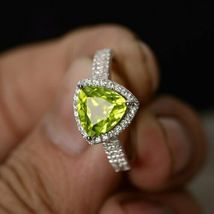 1.3Ct Brilliant Trillion Cut Peridot Halo Engagement Ring 14k White Gold Finish - £60.07 GBP