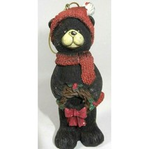 Black Bear with Red Hat Scarf Holly Wreath Rustic Christmas Ornament Sto... - $11.83