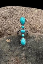 Signed Navajo Handmade Sterling Silver Natural Turquoise Elongated Ring 8 - £119.89 GBP