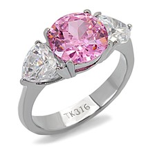 9MM Round Pink Rose &amp; Clear CZ Three Stone Stainless Steel Engagement Ring - £47.77 GBP