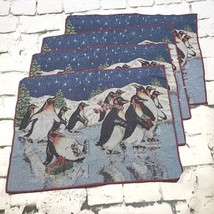 Vintage Holiday Placemats Penguins On Ice 17&quot; By 13&quot; Woven Tapestry Lot Of 4  - £9.49 GBP