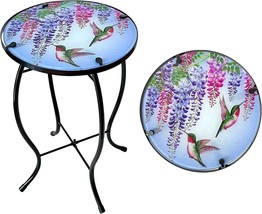 Patio Side Table Furniture End Accent Outdoor Black Glass Round Small Metal Blue - £46.27 GBP