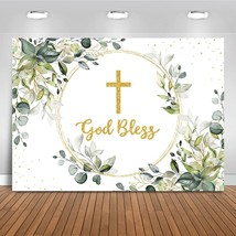 Greenery Baptism Backdrop Green And Gold God Bless Background First Holy Communi - £31.35 GBP