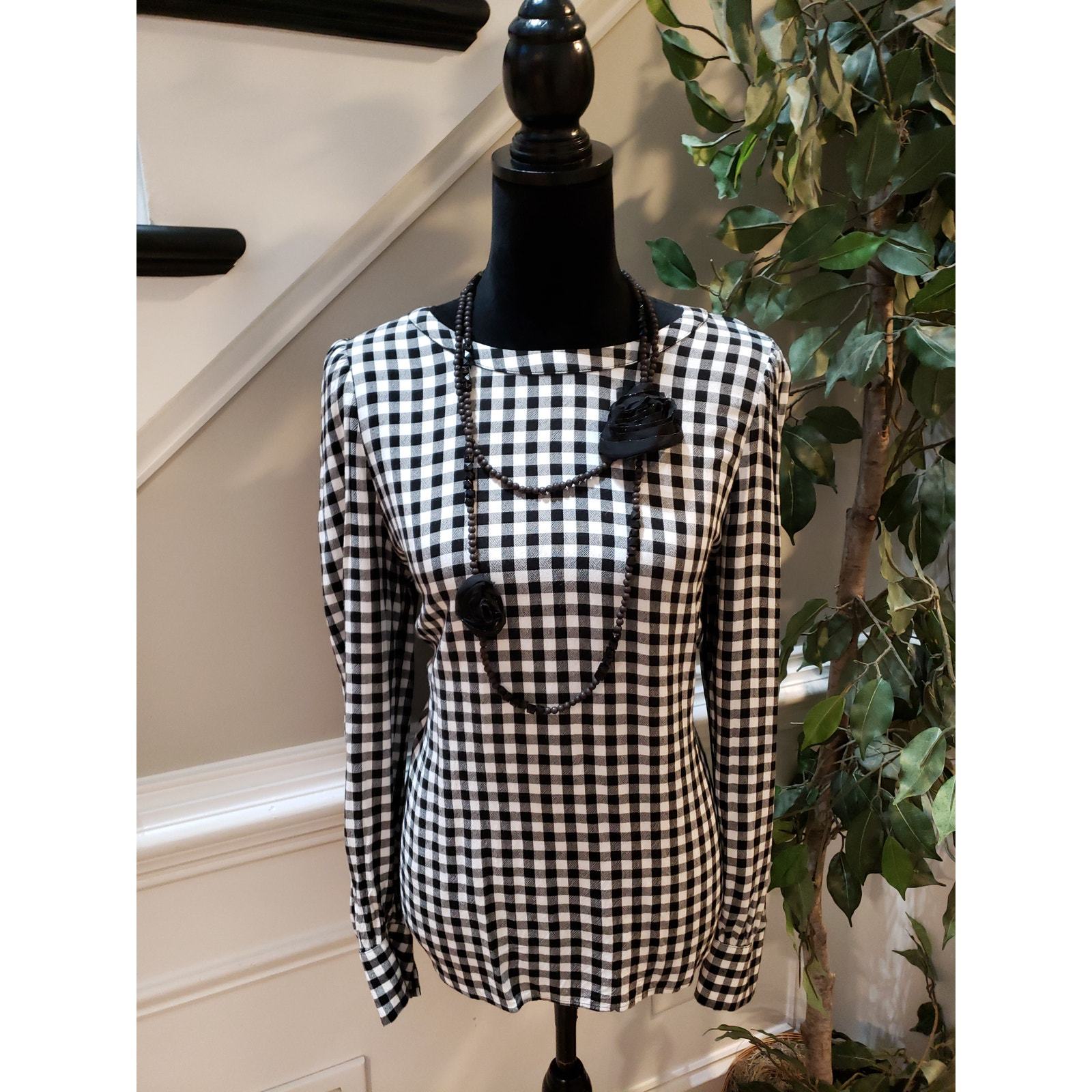LOFT Blouse Women Medium Black White Gingham Check Long Sleeve Rayon Top - $24.75