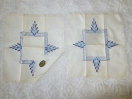 2 NEW Blue EMBROIDERED White NAPKINS or TABLE/DRESSER DOILIES  - 9&quot; x 10... - £2.40 GBP