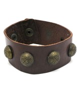 Brown Leather Snap Button Bracelet with Metal Buttons with Ornament Pattern - $12.86