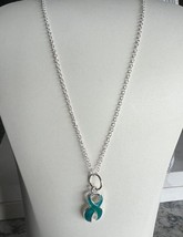 Teal Blue Ribbon Charm Sterling Silver 18&quot; Chain awareness cancer surviv... - £3.90 GBP+