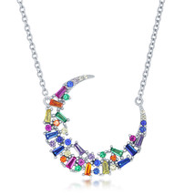 Rainbow baguette cz crescent moon necklace Women&#39;s Necklace .925 Silver 280122 - £79.56 GBP