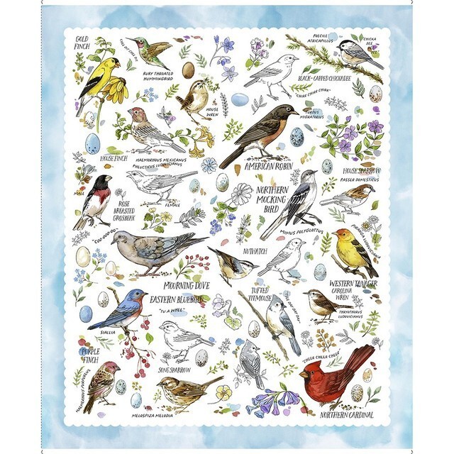 24&quot; X 44&quot; Panel Drawn to Birds Sketch Flowers White Cotton Fabric Panel ... - $11.30