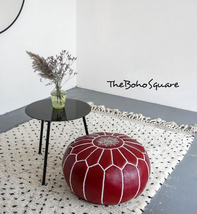 Handmade &amp; Hand-Stitched Moroccan Pouf, Genuine Leather Ottoman, Burgundy Color - £63.11 GBP