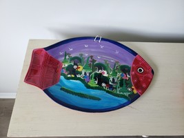 Clay Pottery Hand Painted Fish Shaped Plate Mexico Mexican Wall Sculpture Art - £11.67 GBP