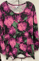 NWT LuLaRoe Large Black Purple Pink Green Floral Knit Lynnae Long Sleeved Shirt - £29.75 GBP