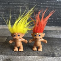 Pair of Vintage TROLL DOLLS  2.5” Red and Yellow  Hair Blue Eyes Made in KOREA - £7.40 GBP