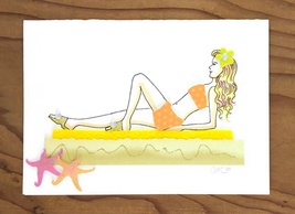 Beach Gal A7 Card No.10 Reclining on the Beach in Orange Polka Dot Bathi... - £4.70 GBP