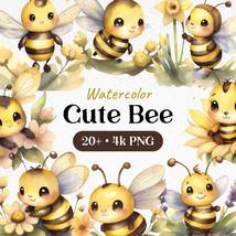 Watercolor Bundle Cute Baby Bee Clipart PNG - £2.37 GBP