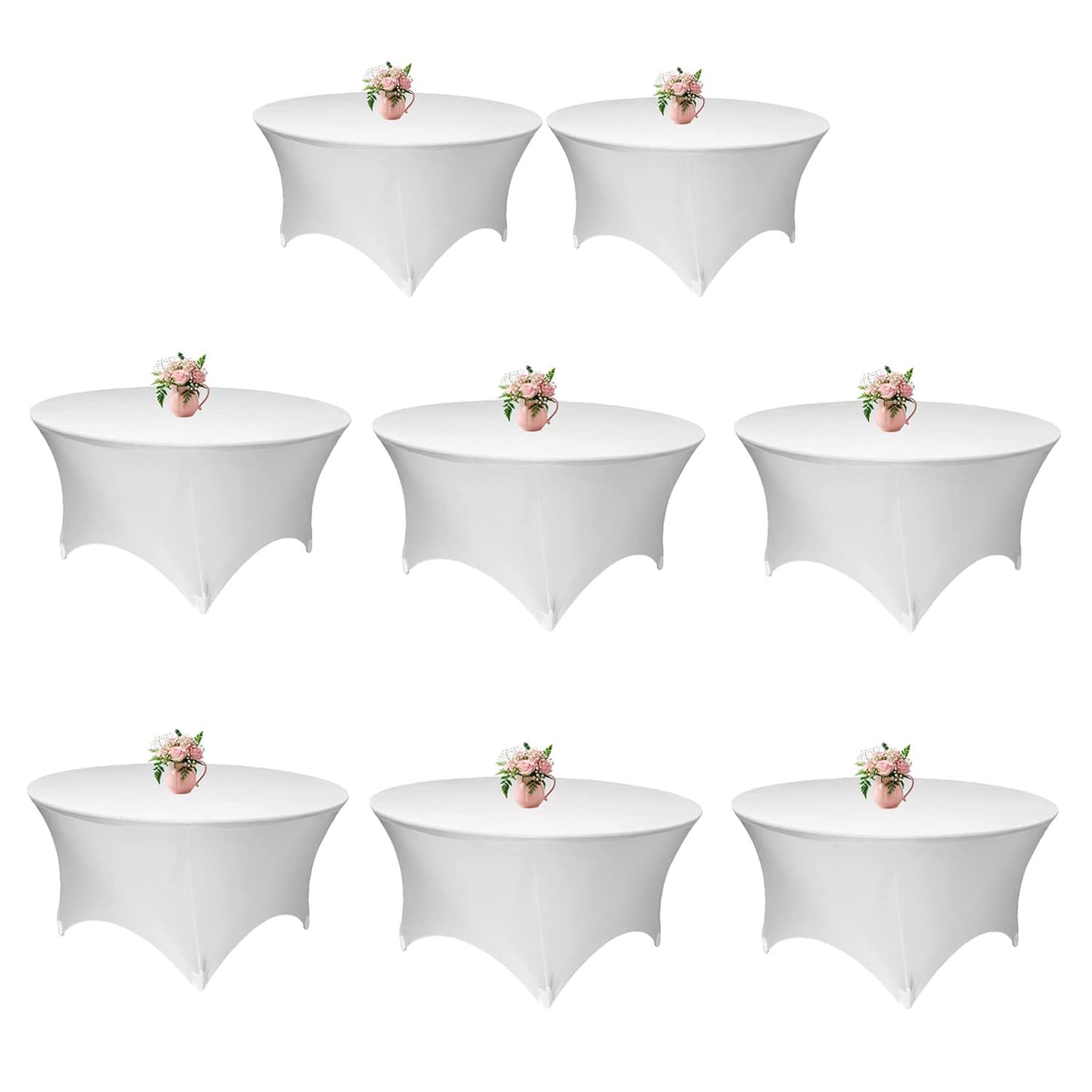 8 Pack 60 Inch White Stretch Table Cover Round - 5Ft Spandex Tablecloth Round Fi