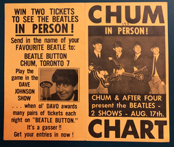 Beatles Chum Chart Handbill Win Beatles Tickets for Concert in Toronto 1965 - £35.88 GBP