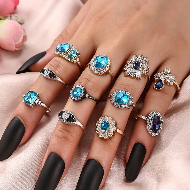 Vintage Antique Silver/GolRings Sets Colorful Opal Crystal Stone Carve for Women - $16.24