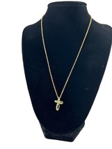 Gold Tone Green Rhinestones Cross Pendant Necklace Religious Christian 18&quot; - £11.90 GBP