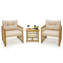3 Pieces Patio PE Wicker Conversation Set with Acacia Wood Frame and Cus... - $362.99